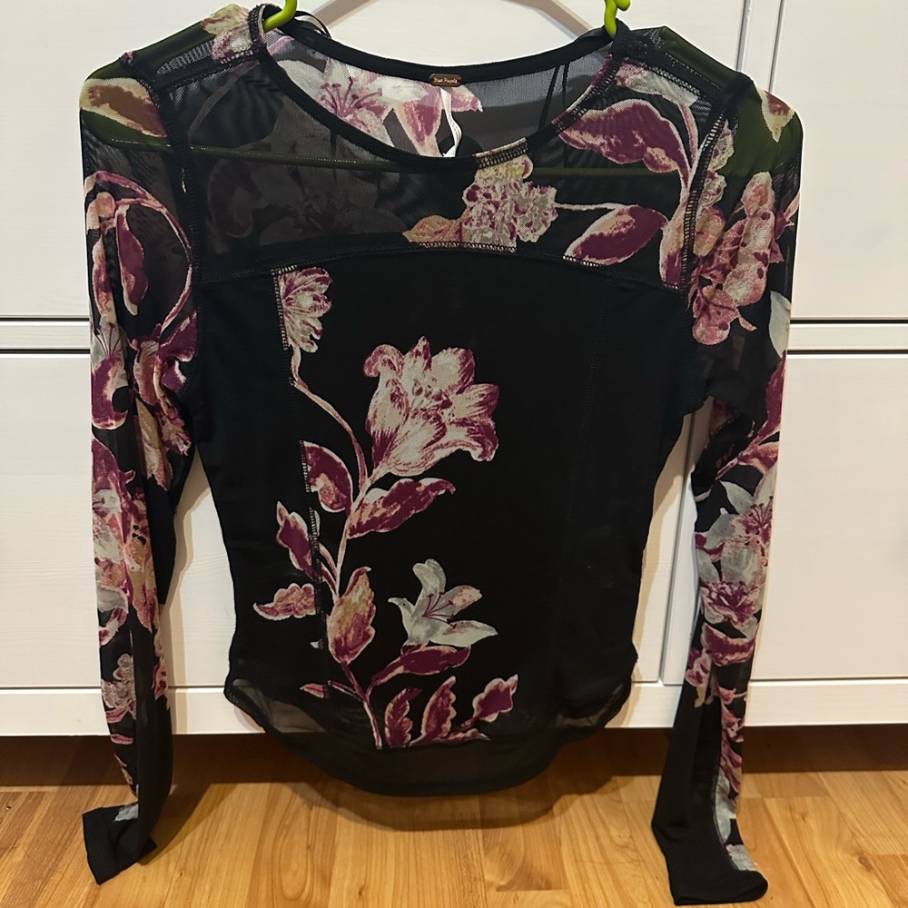 Free People Black and Pink Fitted Mesh Graphic Blouse